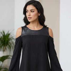 Women’s Ariella Black Long-Sleeve blouse - Faux Leather cold shoulder - medium